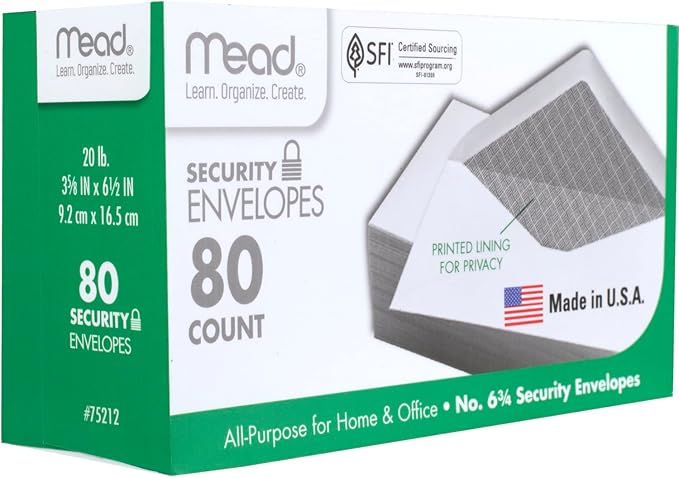 Mead #6-3/4 Envelopes, Security Printed Lining for Privacy, Gummed Closure, 3-5/8" x 6-1/2", All-Purpose 20-lb Paper, White, 80 per Box (75212) (Pack of 2)