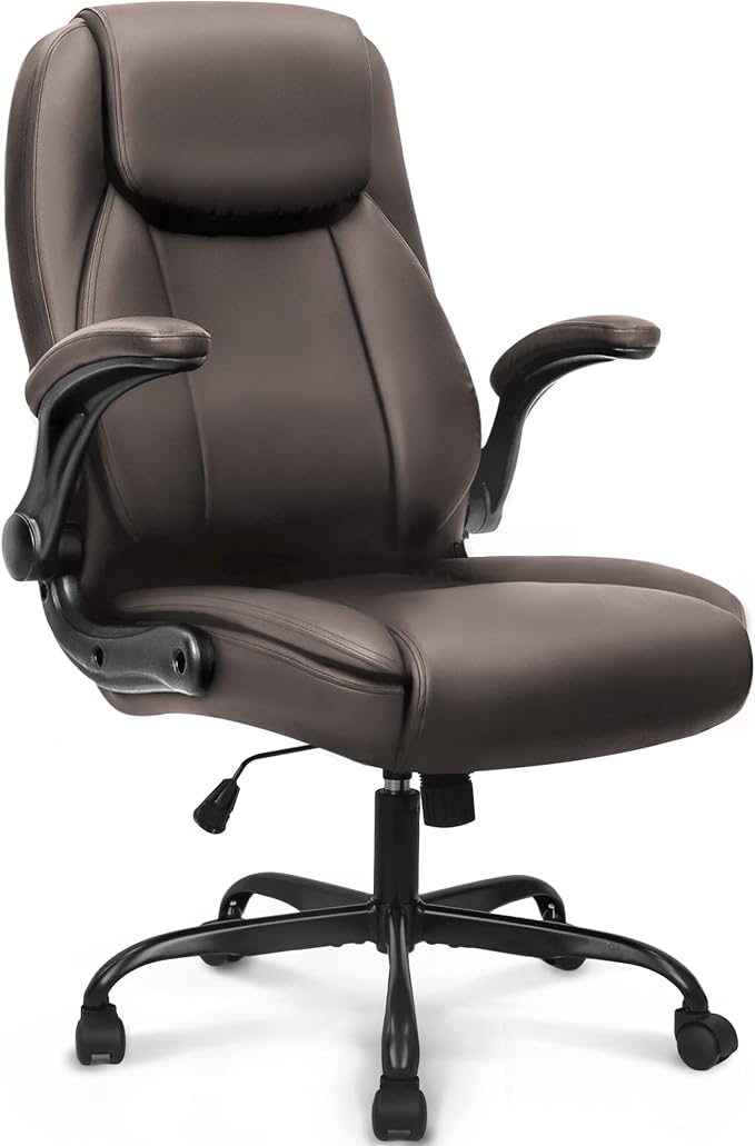 NEO CHAIR Office Desk Chair, High Back PU Leather with Flip-up Arms, Brown | Ergonomic Tall Computer Desk Chair Comfy, Height Adjustable, Swivel Rolling Wheels for Office Home Gaming Study