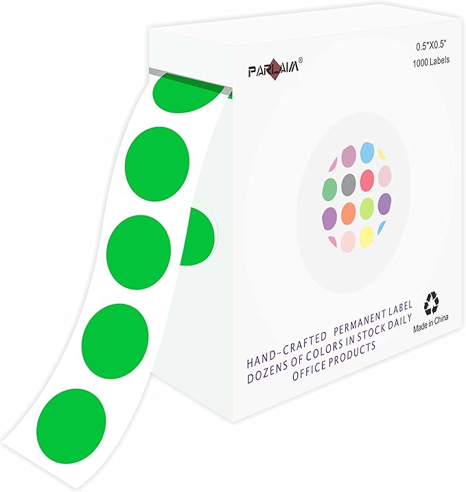 PARLAIM 1000pcs Green Round Color Codding Labels on a Roll Permanent Circle 1/2 Inch Diameter Dot Stickers in Plastic Dispenser Box for Home Classroom