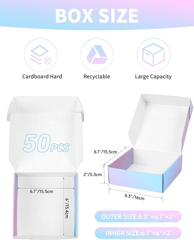 50 Pack 6x6x2 Shipping Boxes for Small Business, Purple Gradient Corrugated Cardboard Boxes, Mailer Packaging Boxes for Nail Candle Grad Gift Literature Shipping