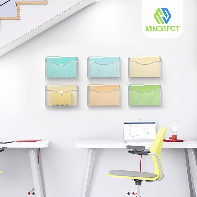 MINDEPOT Wall File Organizer, Hanging Wall File Holder, 2 Pack, Silver | Heavy Duty Iron, Metal Mesh Wall Mount, Single Pocket, Mail Organizer, for Office School Classroom Home, Letter A4 Size