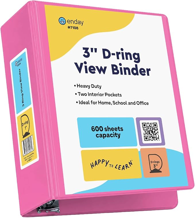 Enday 3 Inch Binder Pink 3 Ring Binder 3 Inch, Heavy Duty Three Ring Binder, 600 Sheets Capacity - 3 Inch Binder for Home School and Office