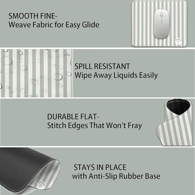 Mouse Pad for Desk with Stitched Edge, Premium Cute Washable Mouse Pads. Computer Mousepad with Non-Slip Rubber Base, Mousepads for Laptop, 9.25x7.75x0.12 inch (Green Stripes)