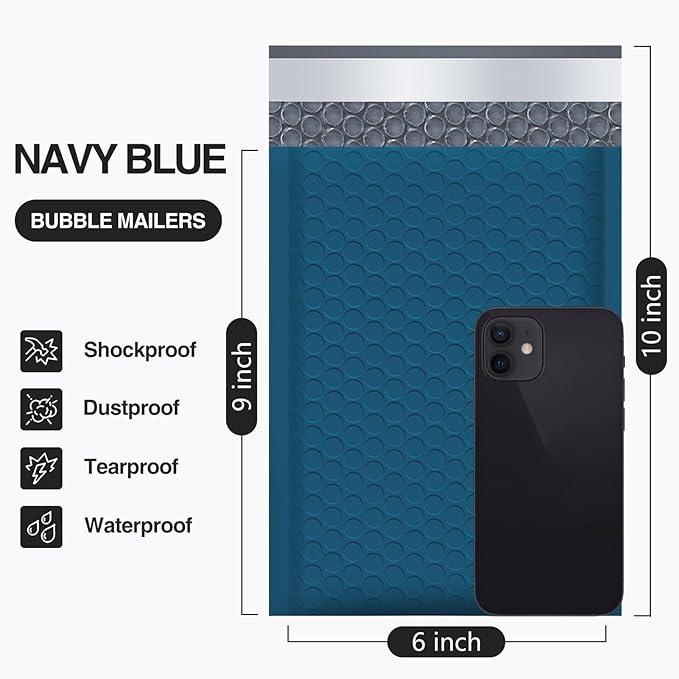 UCGOU Bubble Mailer 6x10 Inch 100 Pack Usable Size 6x9 Inch Navy Blue Poly Padded Envelopes Waterproof Bubble Bags for Small Business Shipping Self Seal Mailing Envelopes for Jewelry Makeup Supplies