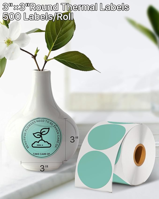 3 Inch (76.2mm x 76.2mm) Round Thermal Printer Label Stickers Self-Adhesive Circle Convenient Multi-Purpose Blank 3" Sticker Roll for Family Classification, Gift Sealing, Green (500Pcs)