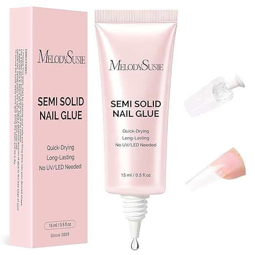 MelodySusie Super Strong Nail Glue, Semi Solid Nail Glue Press On Nails, Quick Drying, No UV Lamp Needed, Long Lasting, Nail Glues DIY Home Salon Manicure 15ml