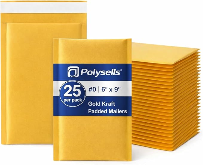 POLYSELLS #0 Kraft Bubble Mailers 6x9 Inch 25 Pack, Self Seal Padded Envelopes for Jewelry, Accessories, Cosmetics, Photos, Small Items