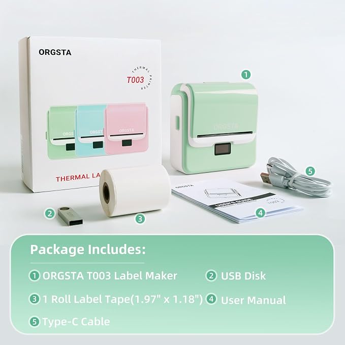 ORGSTA Label Maker Machine with Tape, 3 Inch Bluetooth Label Printer T003 | Compatible with Phone & PC, Sticker Printer for Small Business, Home, School, Thermal Barcode Printer with Multiple Templates