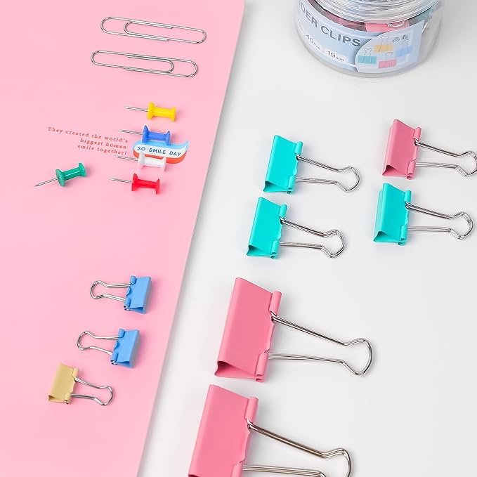 408 PCS Binder Clips Paper Clamps Assorted Sizes and Push Pins, Binding Paperwork Clamp Bulk, School Teachers Office Supplies (Multicolor)