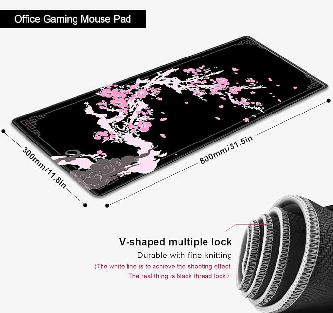 Japanese Pink Cherry Blossom Desk Pad, Black Long Mouse Pad Deskmat, Cute Desk Mat for Desktop, Women Computer Laptop Protector Writing Pads for School Office, 31.5 X 11.8 in- Sakura Flowers