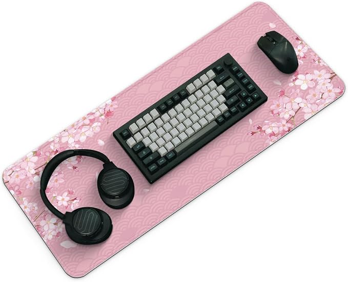 Gaming Mouse Pad with Anti-Slip Rubber Base, Extended Large Computer Mouse Mat with Stitched Edges, Long XL Anime Mousepad for Laptop and Keyboard, 31.5 x 11.8 inch (Pink Cherry Blossom)