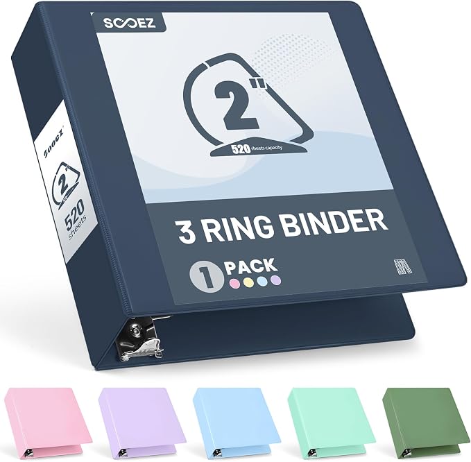 Sooez BinderX Extra Durable 2 Inch 3-Ring Binder | Holds 520 Sheets of 8.5x11 Paper, Customizable View Cover with Inside Pockets, Heavy Duty Binder for School, Dark Blue