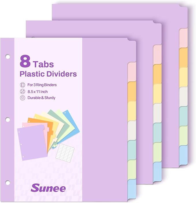 SUNEE 8 Tab Binder Dividers,Plastic Dividers for 3 Ring Binder,3 Ring Binder Dividers with Tabs for School Office Home Supplies,Soft Color, 3 Set