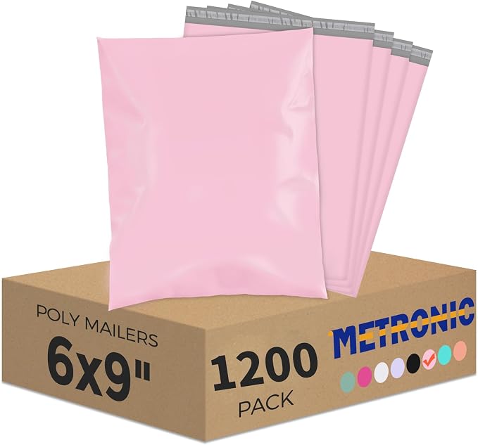 Metronic Poly Mailers 6x9 1200 Pack, Small Shipping Bags for Clothing with Strong Adhesive, Shipping Envelopes Mailers Poly Bags for Small Businesses, Waterproof Packages Bags Light Pink