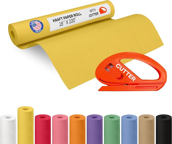 Yellow Kraft Paper Roll 18" x 1200" (100 feet) with Cutter - USA-Made Gift Wrapping Paper for Packing, Moving, Shipping & Crafts/Arts - 100% Recyclable Natural Craft Material by IDL Packaging | Gift Wrapping Paper for Packing, Moving, Shipping & Crafts...