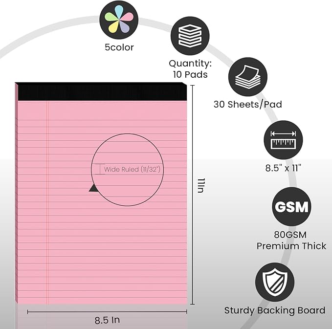 10pcs Legal Pads 8.5 x 11,Notepads 8.5 x 11 Inch, 30 Sheets/Pack, Color Note Pads Clear Print Writing Pads of Paper, Perforate Wide Ruled Lined with Sturdy Back for Office, Business & School Supplies