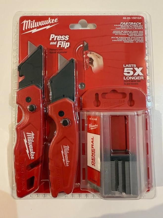 Milwaukee Fastback Flip Utility Knife 2 Piece Set with Razor Blade Dispenser (50 Blades Included)