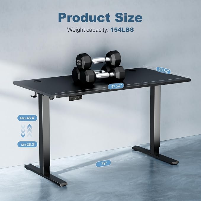 DUMOS 48 Inch Electric Standing Desk, Memory Adjustable Home Office Desk | Sit Stand Up Desk for Work Home Office,Adjustable Desk, Rising Computer Table with Splice Board,Cable Management,Hook,Black