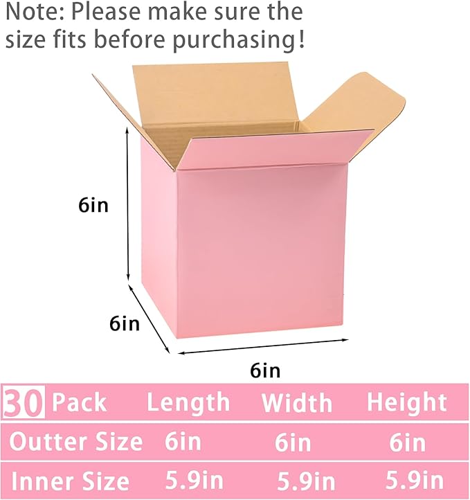 Pink Shipping Boxes Small 6x6x6 Inches, 30 Pack Corrugated Cardboard Boxes for Packaging Small Business Mailing