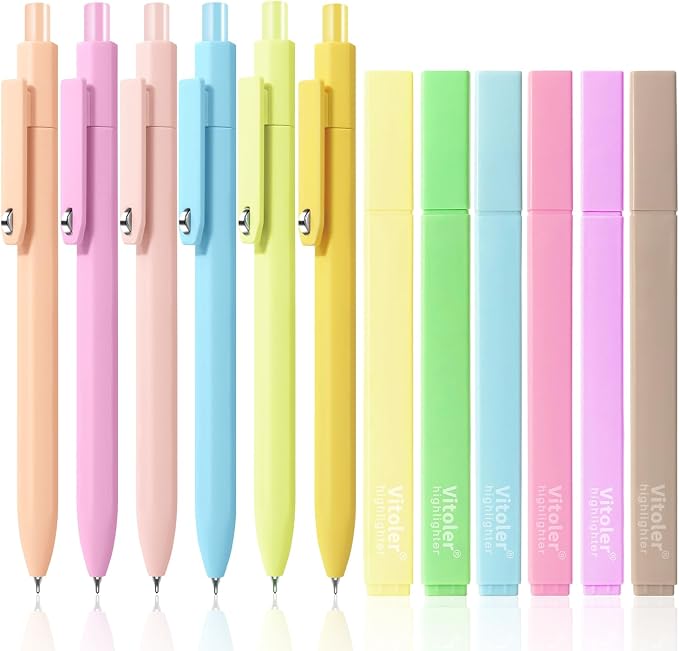 Piochoo Highlighters Assorted Colors and Retractable Black Ink Pens Set | Chisel Tip Aesthetic Highlighters and 0.5mm Smooth Writing Gel Pens for Women Nurse Office Back to School Supplies