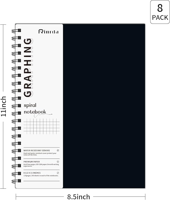 Graph Paper Notebook Spiral Notebook 8.5" x 11" | 8 Pack Grid Paper Notebook Graph notebook Engineering notebook Thick Graphing Paper Notebook Hardcover Journal for School