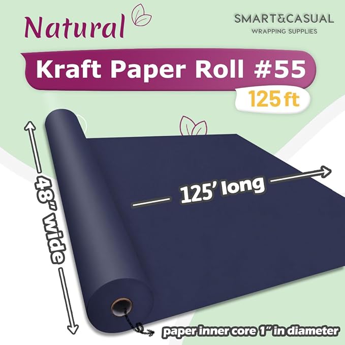 SMART&CASUAL 48" x 1,500" (125') Navy Blue Kraft Craft Paper Roll for Gift Wrapping Bulletin Board Bouquet Flower Kids Art Packing Parcel Table Covering 80GSM 55LB (Navy Blue, 48" x 125')