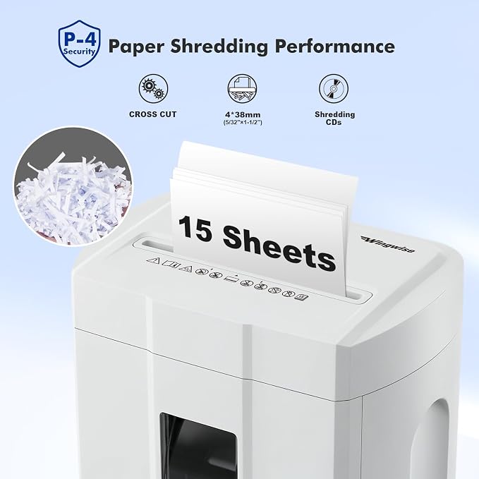 Wingwise Ultra Low Noise 48dB Paper Shredder for Home Office | 15 Sheets, P-4, 10 Mins Runtime, 4.7 gal, Cross Cut, Shreds Credit Cards & CDs