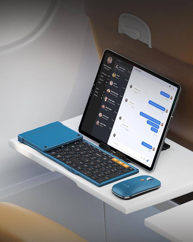 ProtoArc XKM01 Full-Size Foldable Keyboard Mouse Combo for Travel - Blue | 105-key keyboard, slim mouse, hard case and phone stand; 3-device Bluetooth & 2.4G switching, for travel office use