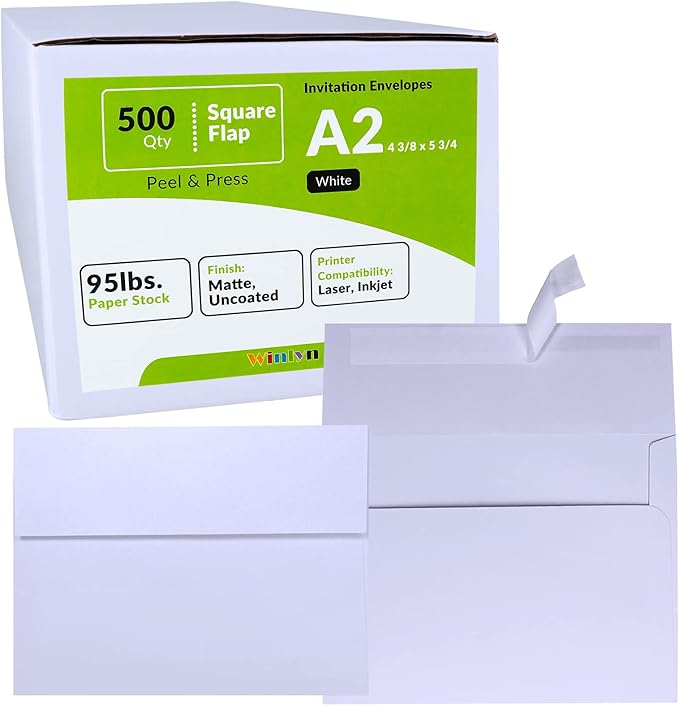 500 Pcs Bulk A2 Invitation Envelopes in White Peel & Press Self Seal 4 3/8 x 5 3/4 Square Flap Envelopes RSVP Return Envelopes 95lb. for Announcement Mailing 4x5 Greeting Cards Photo 1/4 Fold Cards