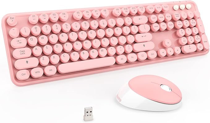 Wireless Keyboard and Mouse Combo, 2.4G Typewriter, Pink | Retro Full Size Computer Keyboards, Cute Mouse, USB Dongle Plug and Play, for PC,Laptop,Desktop,Windows