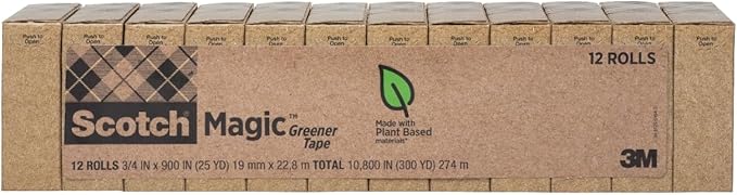 Scotch Magic Greener Tape, Invisible Tape for Fixing Paper, Office Supplies and Back to School Supplies, 0.75 in .x 900 in., 12 Rolls (Pack of 12)