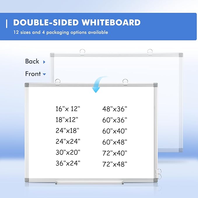 WALGLASS Magnetic White Board, 36" x 24" Double-Sides Dry Erase White Board for wall, Hanging or Mounted Whiteboard, Horizontal or Vertical, Silver Aluminium Frame, Home, School, Office, Kitchen