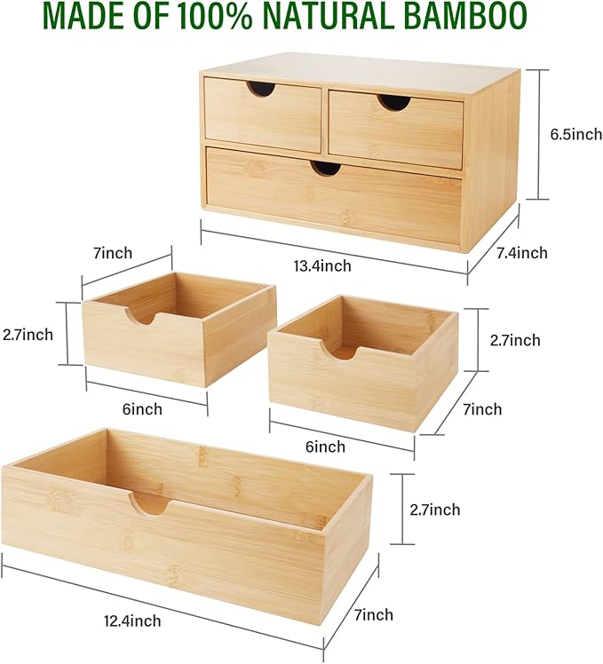 Bamboo Desk Organizer With Drawers Countertop Drawers Counter Storage Box Corner Desk Organizer for Home Office No Assembly Required (3 Drawers)
