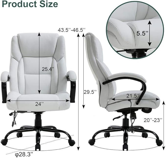 Office Chair Desk Chair Computer Chair with Lumbar Support Headrest Armrest Swivel Rolling PU Leather Task Big and Tall 500lb Wide Seat Massage Ergonomic Chair Adjustable for Adults Women(White)