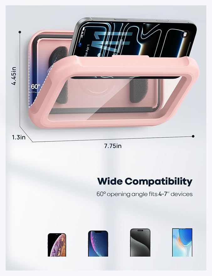 Lamicall Pink Waterproof Shower Phone Case Holder, 2-in-1 Wall Mount Stand | Women Girls Gift Gadget, Bathroom Wall Mount, Shower Walls & Surrounds Accessories for School Dorm College, for 4-7" Phones