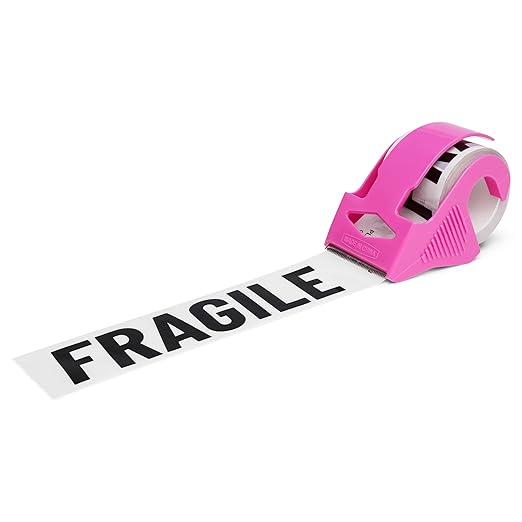 Fragile Packing Tape with Pink Dispenser – Please Be Gentle Minimal Cream & Black Design, 1.88" x 22.2 Yards – Packaging Tape for Moving Boxes, Small Business, and Mailers