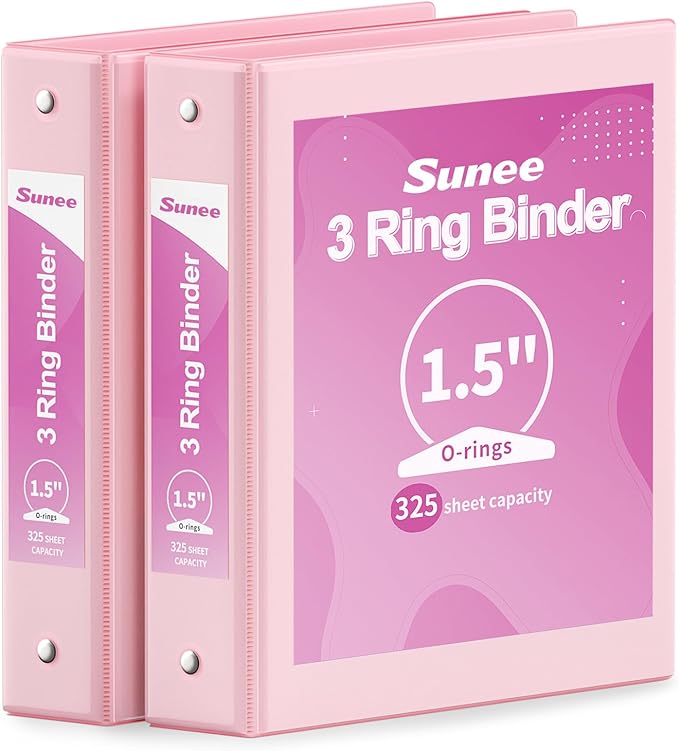 SUNEE 3 Ring Binder 1.5 Inch 2 Pack, Clear View Binder Three Ring PVC-Free (Fit 8.5x11 Inches) for School or Office Supplies, Pink