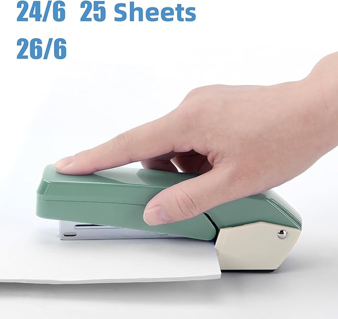 Deli/EZWORK Swing-Arm Swivel Stapler, 25 Sheets Capacity, 360 Degree Rotate Desk Staplers with 1000 Staples for Booklet or Book Binding, Green+White
