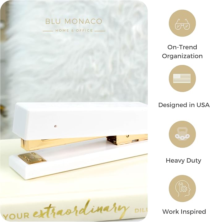 BLU MONACO | White and Gold Stapler | Chic Desktop Stapler with Smooth Metal Mechanism | Stylish Office Supply for Home, School & Work
