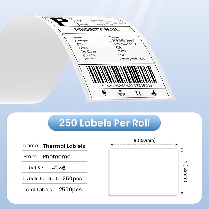 Phomemo Thermal Labels 4x6 for Shipping Packages,Direct Printer Label Paper 4x6 Shipping Labels Compatible with Rollo Zebra MUNBYN Phomemo Nelko Omezizy & Most Thermal Printers,10 Rolls/2500 Labels