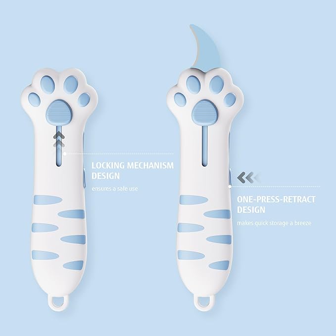 Cat Paw Box Cutter Retractable with Cat Paw Handle, Multifunctional Knife Set (Blue)