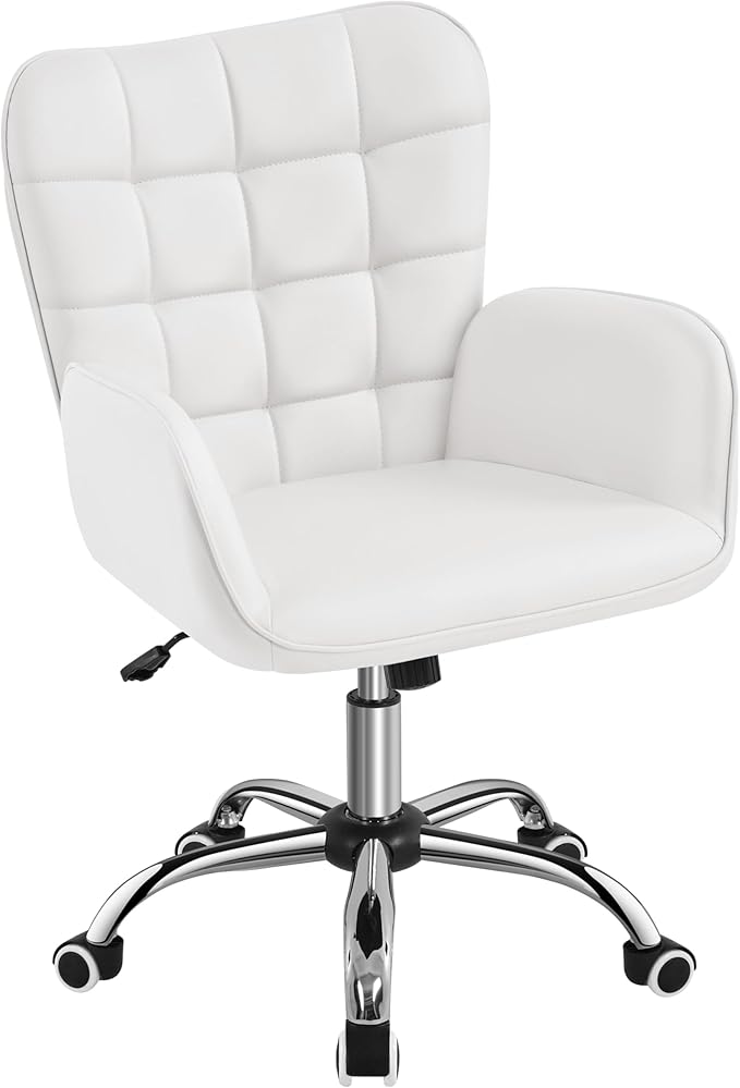 Yaheetech Modern Faux Leather Office Chair Ergonomic Adjustable Makeup Chair with Padded Armrests Big Seat for Office, Bedroom, Living Room, White