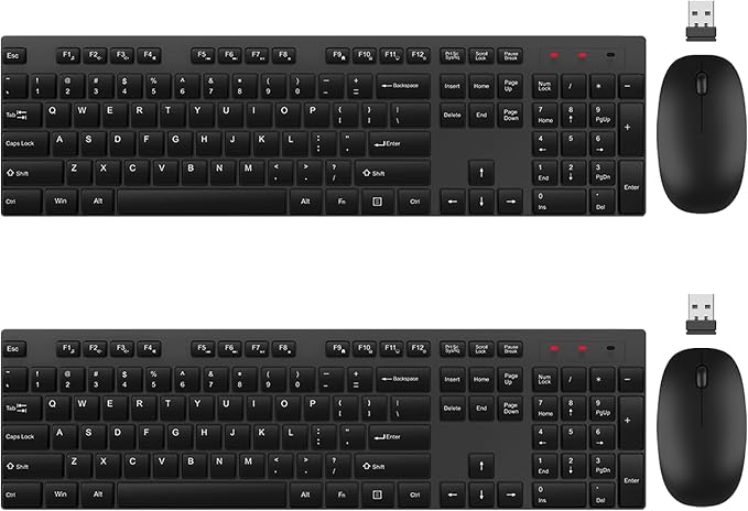 Wireless Keyboard and Mouse Combo, EDJO Silent Full Size Cordless USB Keyboard Mouse, 2.4GHz Lag-Free, Long Battery Life, for Computer, Laptop, PC, Chromebook, Windows (Black, 2 Pack)