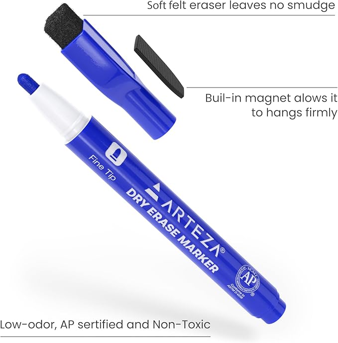 ARTEZA Magnetic Dry Erase Markers with Erasers – 60-Pack Fine Tip Whiteboard Pens in 12 Assorted Low-Odor Colors for Office, Classroom & Planning Use
