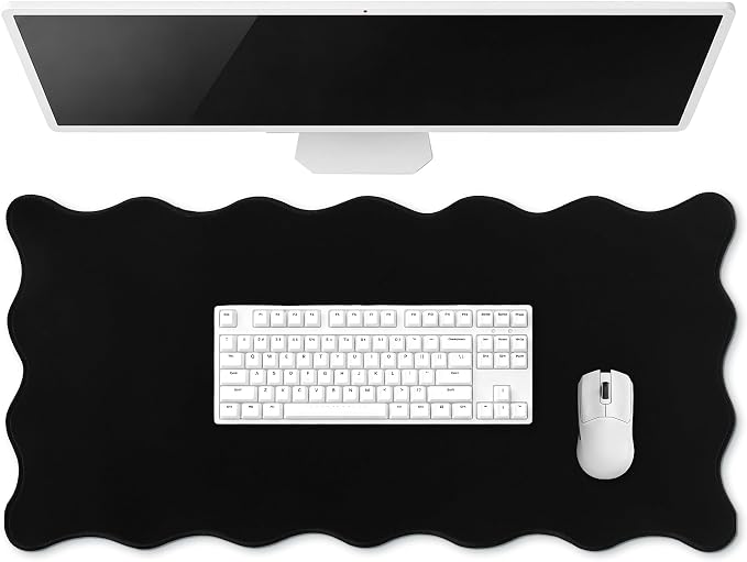 Hahafelt Scalloped Desk Mat Waterproof,Black,31.5 X 15.8 Inches | Coquette Preppy Style for School Office Makeup Vanity, Nonslip Gaming Desktop Protector with Scalloped Stitched Edge Mat