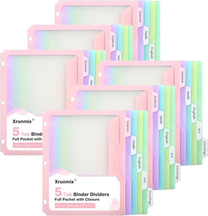 30 Counts Dividers for 3 Ring Binder, 5-Tabs Binder Dividers with Pocket for US Letter Size, 5 Pastel Recipe Binder Dividers with 1/5 Cut Tabs for Back to School/Office/Home, Pastel Color (6)