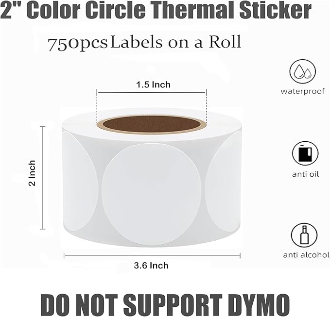Hybsk 750pcs 2 inch Circle Color Direct Thermal Stickers Round Custom Thermal Labels for Barcodes,Name Tag,DIY Logo Design,QR Code,Inventory– Compatible with Zebra,Rollo and More (2 inch,White)