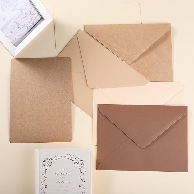 25 Pieces A7 Colored Envelopes with Cards and Stickers Set, Brown 5Colors | 5x7 inches Envelopes For Weddings, Invitations, Birthday, Baby Shower