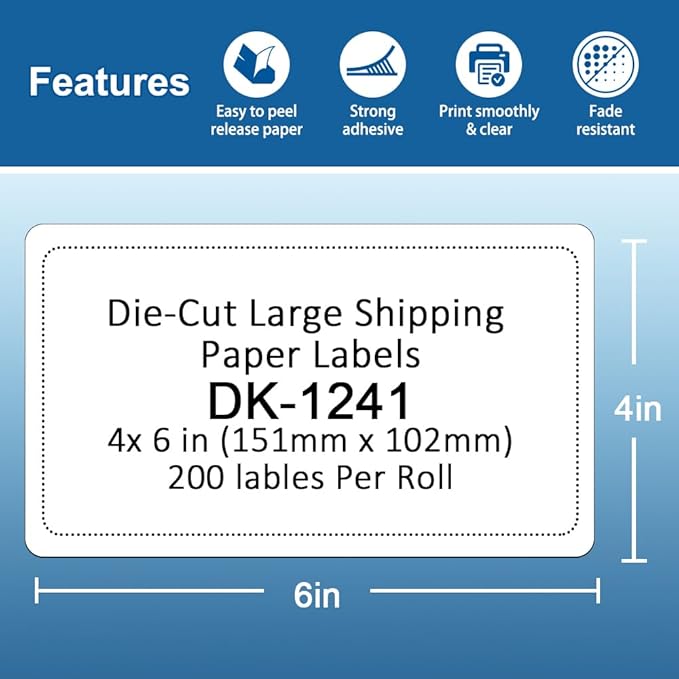 Label KINGDOM Compatible with Brother DK-1241 Die-Cut Large Shipping Label, 4" x 6" (102 mm x 151 mm) 200/Roll for QL-1100 QL-1110NWB Label Printer (3 Paper Roll+1 Reusable Cartridge)