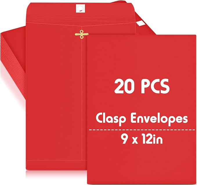 Geyee 20 Pcs 9 x 12 Inch Clasp Envelopes Letter Size Mailing Envelopes with Clasp Closure for Filing Storing Documents Office Home Business School (Red)